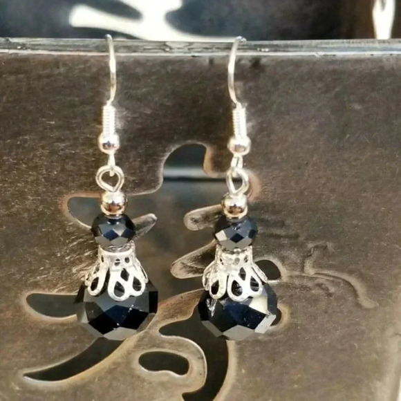 Handcrafted Victorian Black Crystal Silver Filigree Basket Earrings - Picture 1 of 8